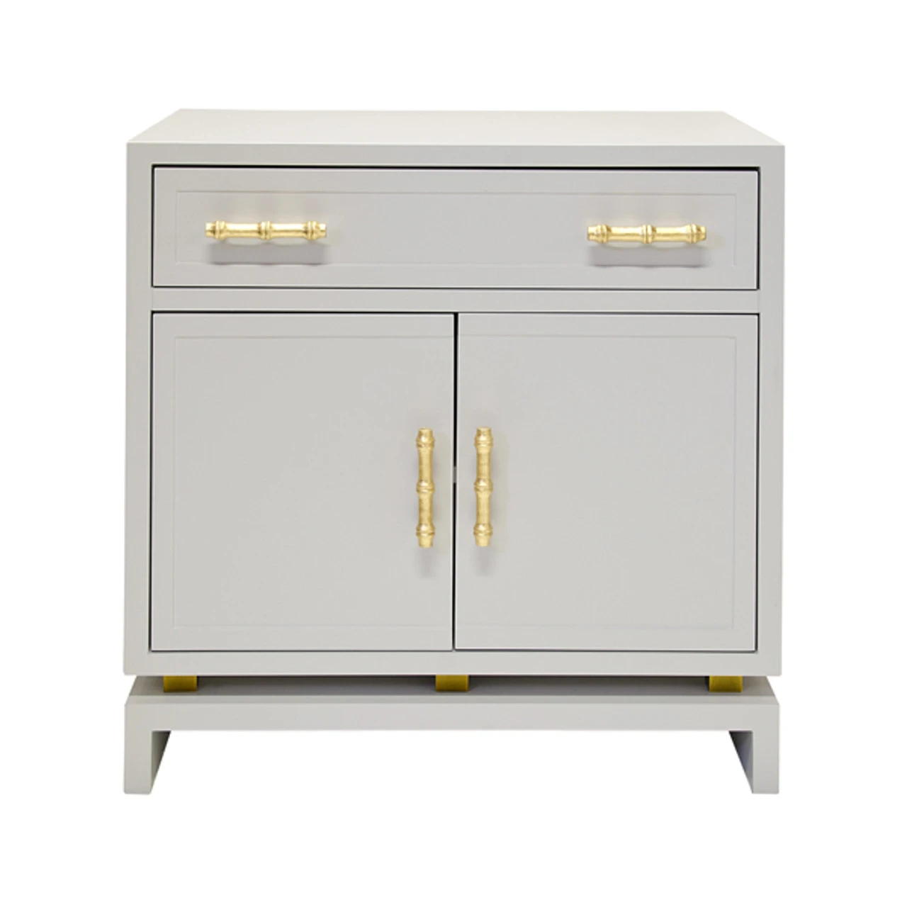 Worlds Away Marcus Matte Gray Lacquer 1 Drawer, 2 Door Nightstand With Gold Leafed Bamboo Hardware And Gold Leaf Detail On Base 3 Worlds Away Marcus Matte Gray Lacquer 1 Drawer, 2 Door Nightstand With Gold Leafed Bamboo Hardware And Gold Leaf Detail On Base - Image 3