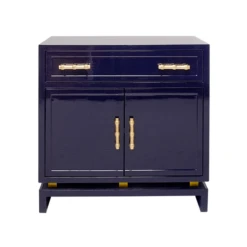 Worlds Away Marcus Navy Lacquer 1 Drawer, 2 Door Cabinet With Gold Leafed Bamboo Hardware And Gold Leafed Metal Detail
