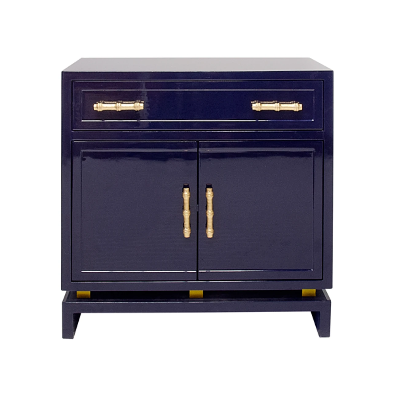 Worlds Away Marcus Navy Lacquer 1 Drawer, 2 Door Cabinet With Gold Leafed Bamboo Hardware And Gold Leafed Metal Detail 1 Worlds Away Marcus Navy Lacquer 1 Drawer, 2 Door Cabinet With Gold Leafed Bamboo Hardware And Gold Leafed Metal Detail