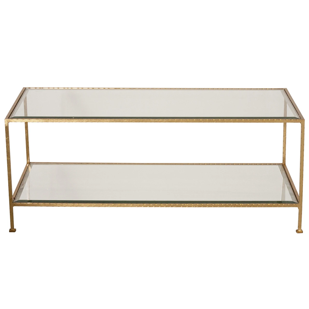 Worlds Away Taylor Hammered Gold Leaf Rectangular Coffee Table With Beveled Glass Shelves 5 Worlds Away Taylor Hammered Gold Leaf Rectangular Coffee Table With Beveled Glass Shelves - Image 5