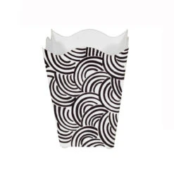 Worlds Away Square Wave Top Wastebasket With Hand Painted Design In Black